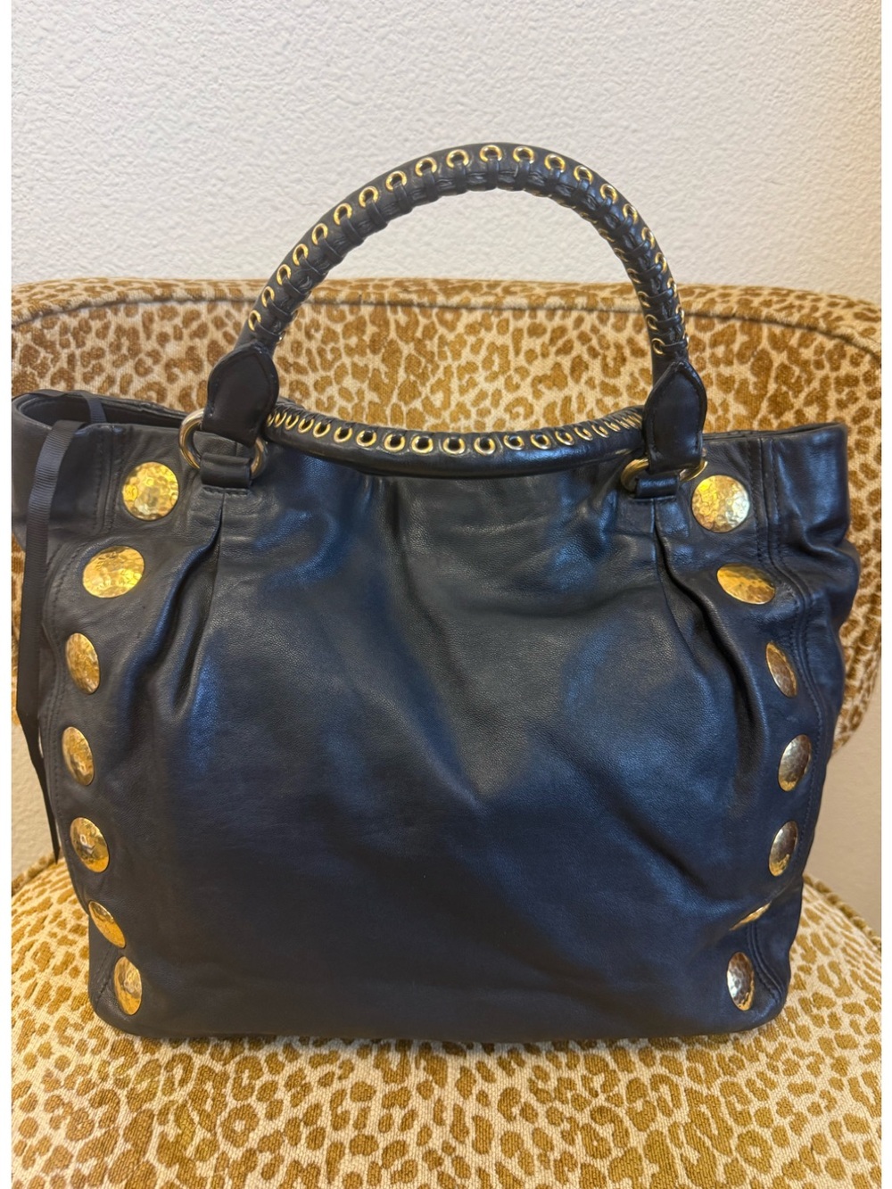 💯Auth!!  MIU MIU Black Leather 2Way Tote and Bag w Gold Hammered Studs & Details
